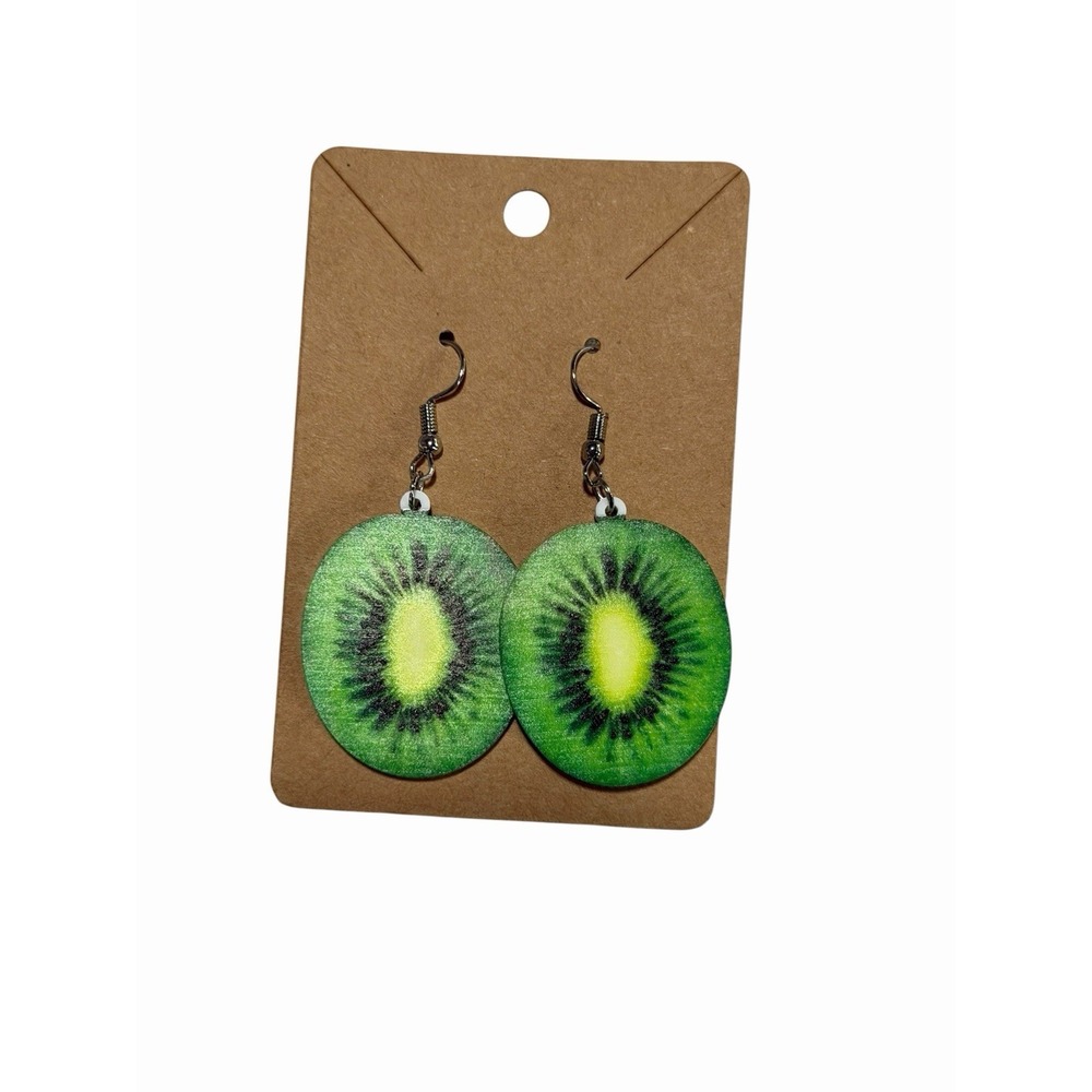 Handmade Kiwi Fruit Slice Drop Earrings Green Wood Tropical Food Dangle Jewelry‎
